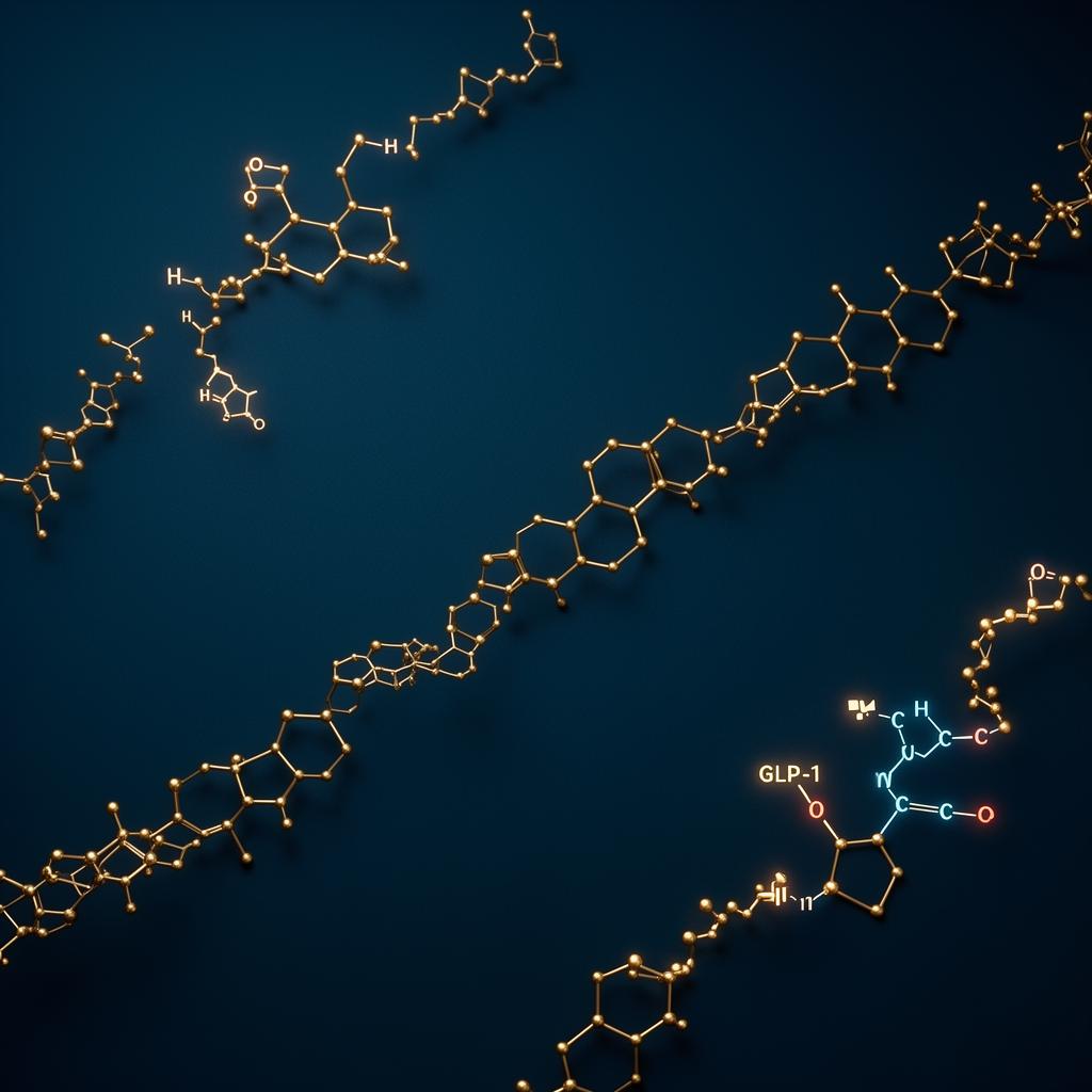 Estruturas moleculares douradas representando saúde metabólica